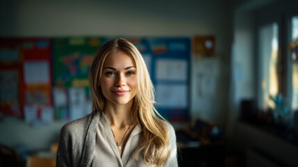 Fototapeta premium young friendly elementary school teacher in bright classroom