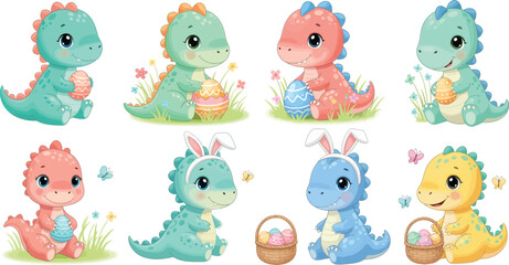 Naklejka premium Colorful cartoon dinosaurs in pastel shades with easter eggs and baskets around them happily