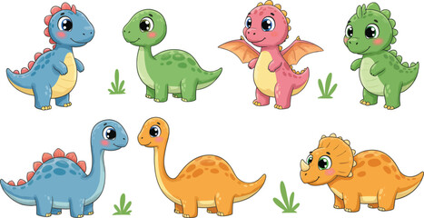Fototapeta premium Colorful cartoon dinosaurs in various poses and species on white background for kids