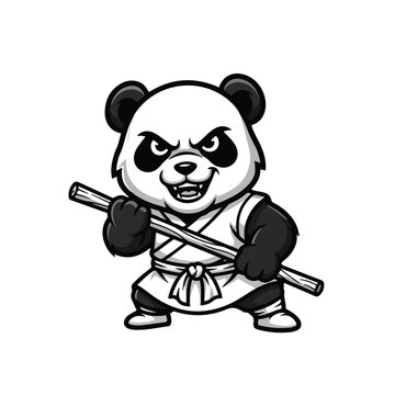 A cartoon panda dressed as a Shaolin monk, wielding a staff in a powerful stance on a white background