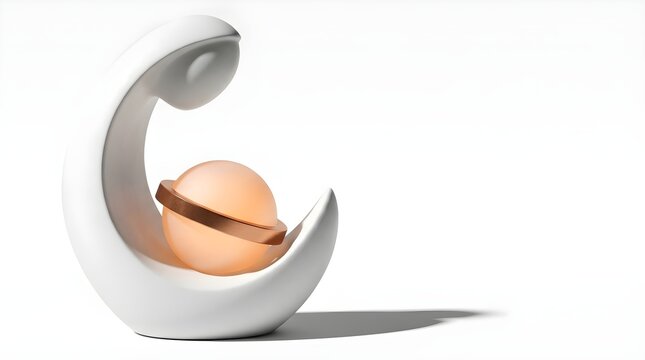 3D render of abstract maternal embrace sculpture with ceramic mother and glowing orange glass child on white background
