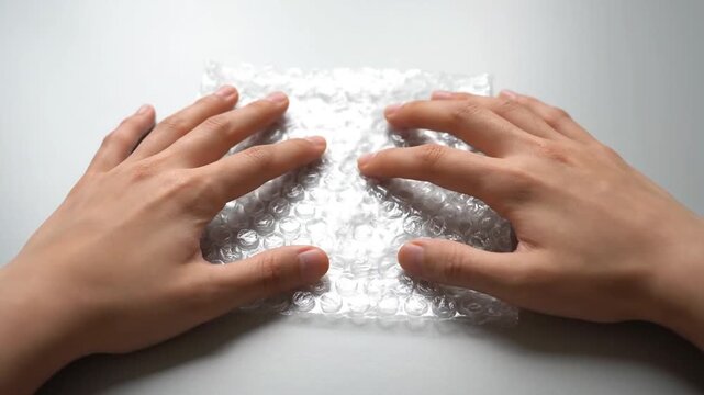Hands manipulating bubble wrap on white surface.