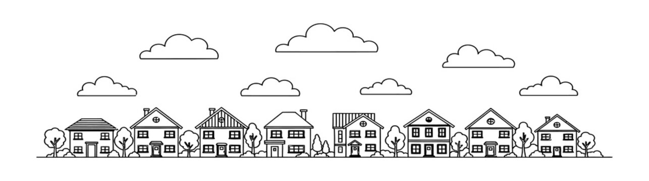 Whimsical illustration of a quaint village under a series of stylized clouds