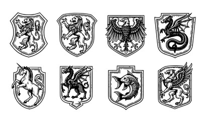 Vintage heraldry animals vector set with engraved lion dragon unicorn eagle and medieval coat of arms emblems © Nirendranath