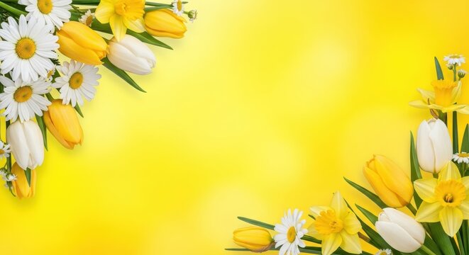 Spring flower border with yellow and white tulips, daisies and daffodils on a vibrant yellow background with copy space