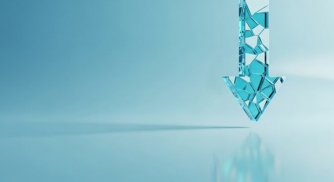 Broken glass arrow pointing downwards symbolizing financial crash, economic recession, and market decline in a minimalist 3D render with copy space