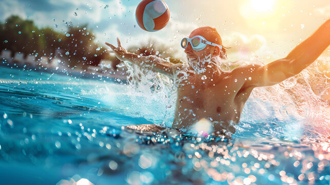 Man playing volleyball in swimming pool on sunny day