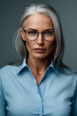Fototapeta premium professional portrait of mature woman with glasses in blue shirt, confident middle aged businesswoman isolated on solid background, modern tech style headshot of friendly female professional