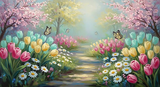 pastel spring garden painting, charming garden path surrounded by tulips daisies and cherry blossoms, soft pink and mint green tones, butterflies flying gently, dreamy impressionist style, rich canvas