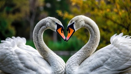 Fototapeta premium Two white swans form a perfect heart with necks