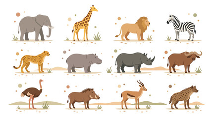 Obraz premium African Safari Animals Collection: Elephant, Lion, Giraffe, Zebra, Cheetah, Rhino, Hippo, Buffalo, Ostrich, Warthog, Gazelle, Hyena