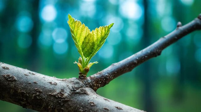 New Green Leaves Growing on Tree Branch.