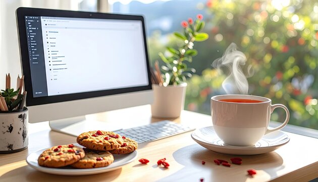 A warm cup of tea steaming next to a computer display with cookies, a plant, and window.