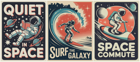 Obraz premium Cosmic adventure blends space and surfing. Astronauts ride waves, planets, and stars. Each panel has bold, vintage-inspired design. Mood is playful, dreamy, and adventurous. Ideal for sci-fi posters