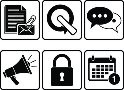Black and white icons for communication search security and organization