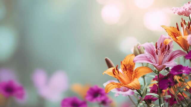 Flowers and Soft blur bokeh lights empty space for design. Colorful garden Lilia bloom on beautiful blurred green nature background. Greeting card, banner, website header. Spring floral wallpaper.
