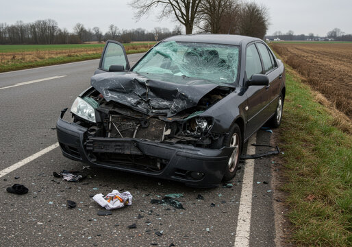 Damaged car after crash with deployed airbags.
