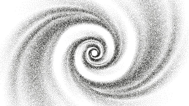 Abstract dotted grainy gradient vortex flow. Vector gritty spirals with optical illusion. Tunnel with black stipple texture effect. Swirl of gritty pattern made by black points or particles.