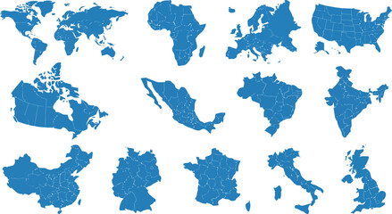 Naklejka premium Set of blue world maps and country silhouettes with white geometric patterns on white background
