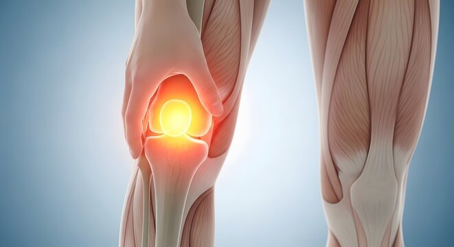 Knee anatomy and patella joint inflammation. Orthopedic medicine and bone health. Close up of human leg holding knee with glowing yellow kneecap illustration