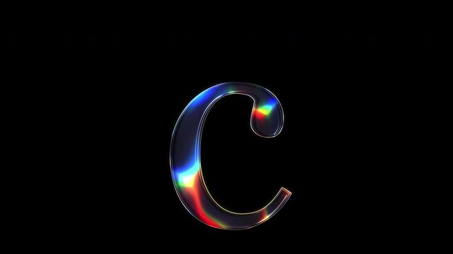 A lowercase letter "c" shimmering with various colored lights on a glass-like surface with an alpha channel. Serif font. Seamless loop video.