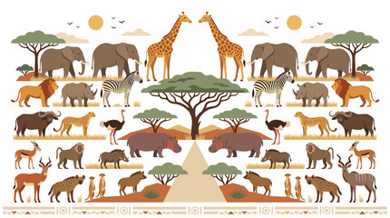 Obraz premium African Safari Animals Collection: Elephants, Giraffes, Lions, Hippos, Zebras, and More in Savanna Landscape