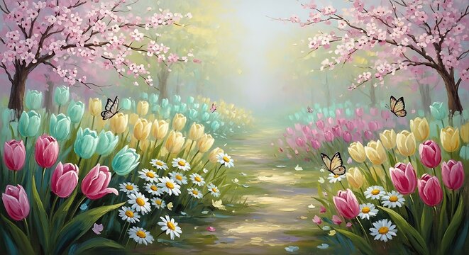 pastel spring garden painting, charming garden path surrounded by tulips daisies and cherry blossoms, soft pink and mint green tones, butterflies flying gently, dreamy impressionist style, rich canvas