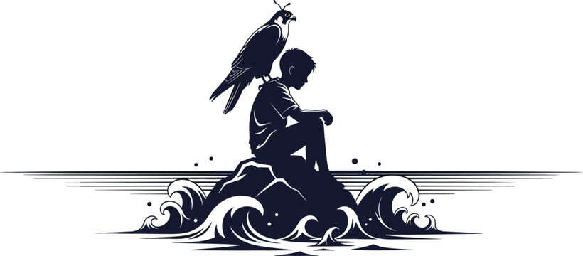 Lonely man sitting on rock with bird by the sea, artistic vector illustration of solitude and reflection in monochrome style