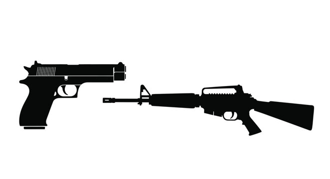 Silhouettes of a handgun and an ar 15 style rifle against a white background