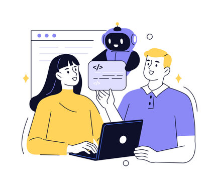 Developers team working with AI digital coworker and writing code on laptop. AI pair programming, code review. Vector doodle illustration.
