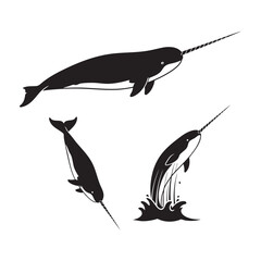 Narwhal Three Pose Spiral Tusk Silhouette Vector Collection © MAHEDI
