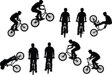 Fototapeta premium BMX rider silhouettes collection showing bicycle tricks, stunts, jumps, flips, freestyle motion, extreme sports action, athletic training, competition lifestyle illustration pack