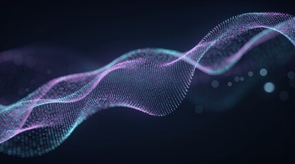 Fototapeta premium Abstract visualization of a flowing, colorful, dotted wave pattern on a dark background representing digital data or energy flow.