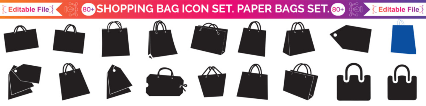 Shopping bag icon set. Paper Bags. Online Shop Symbol. Outline bag symbol. Packages symbol. Vector Illustration