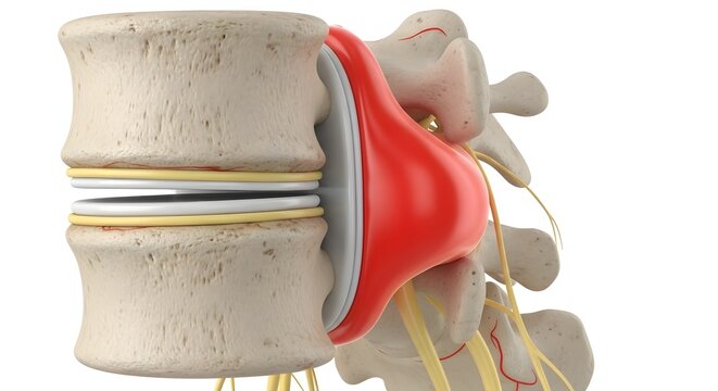 Human spine vertebrae with herniated disc and nerve compression. Spinal cord injury and back pain relief. Medical 3D illustration of a slipped disc bulging between bones