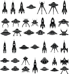 Collection of rocket and UFO silhouettes in grid design, futuristic spacecraft icons, space exploration concept, alien technology, astronomy, science fiction illustration © Tanzila