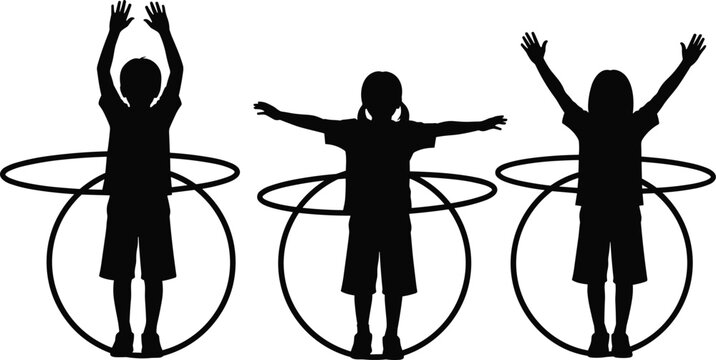 Silhouettes, of, three, happy, children, playing, with, hula, hoops, outdoors, active, kids, having, fun, together, childhood, games, exercise, and, recreation.