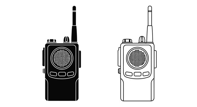 Two walkie talkies shown in contrasting black and white line art