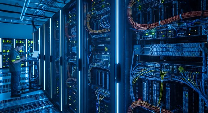 A dedicated technician monitoring server performance inside a high tech data center facility room