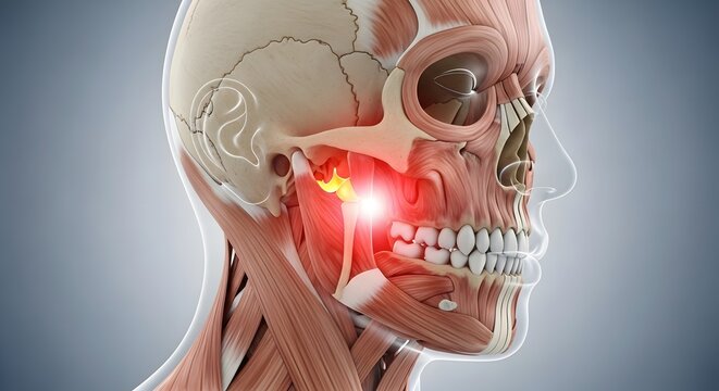 Temporomandibular joint pain and jaw bone inflammation. TMJ disorder and dental health. 3D skull anatomy showing glowing red joint between jaw and cranium