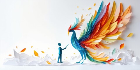 Obraz premium Papercraft phoenix creation. Silhouette artist observes vibrant bird, colorful feathers drift, white landscape surrounds. Inspiring, delicate scene.