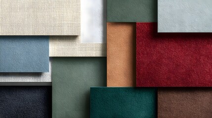 Fototapeta premium Minimalist material texture swatch board with diverse fabric and stone samples
