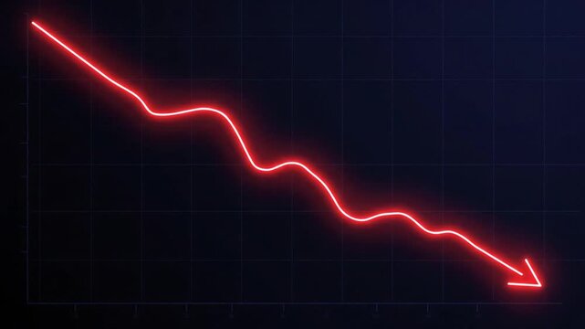 Declining financial stock market graph with red neon line on dark background