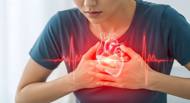 Heart attack symptoms and cardiovascular disease. Cardiology and chest pain awareness. Woman clutching chest with a 3D glowing heart illustration and electrocardiogram pulse line