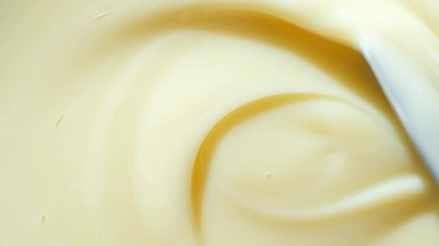 Spoon stirring condensed milk, condensed milk texture top macro view