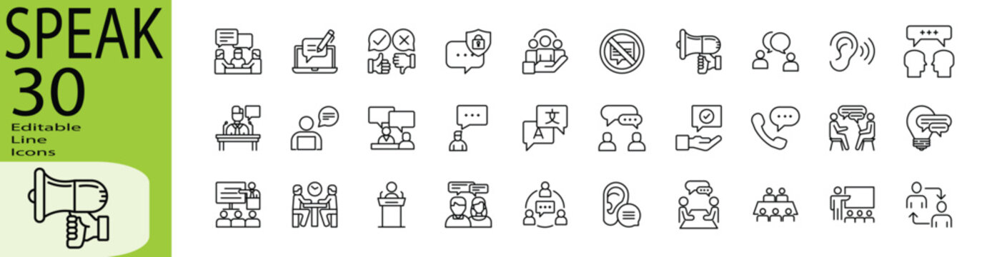 Speak icon set. Editable stroke.