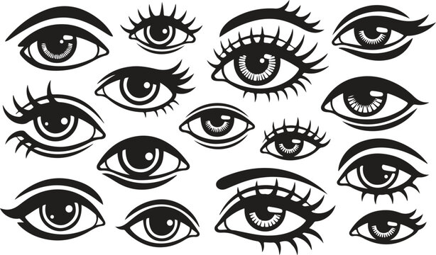 Hand drawn collection of diverse eyes with lashes and eyebrows