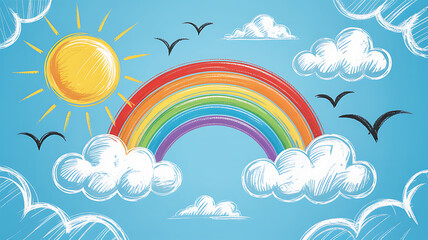 Naklejka premium Hand Drawn Rainbow with Sun Clouds and Birds on Blue Sky Background