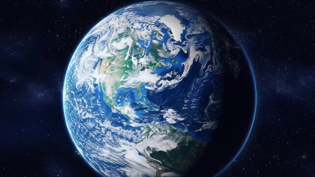 Rotating Earth, detailed view of planet with clouds and continents, set against a starry space background, symbolizing global unity and the beauty of our planet, rotating.
