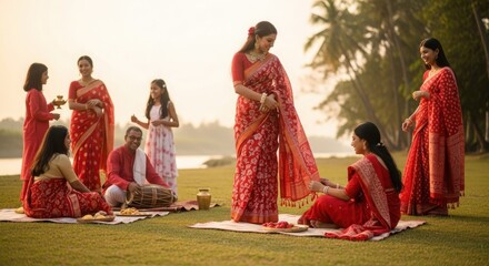Fototapeta premium Indian women in red saris celebrating a festival outdoors isolated on Transparent Background
